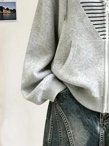 Lalippa 女款外套上衣 秋冬新款 條紋圖案 黑白條紋印花 雙層抓絨女款拉鍊連帽衛衣 學生 戶外 攝影街拍 - 彩色 - 查看 4