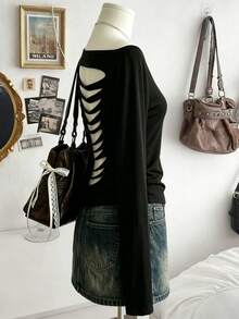 Lalippa Fashion Sexy Solid Color Asymmetric Neckline Backless Top - Black - View 3