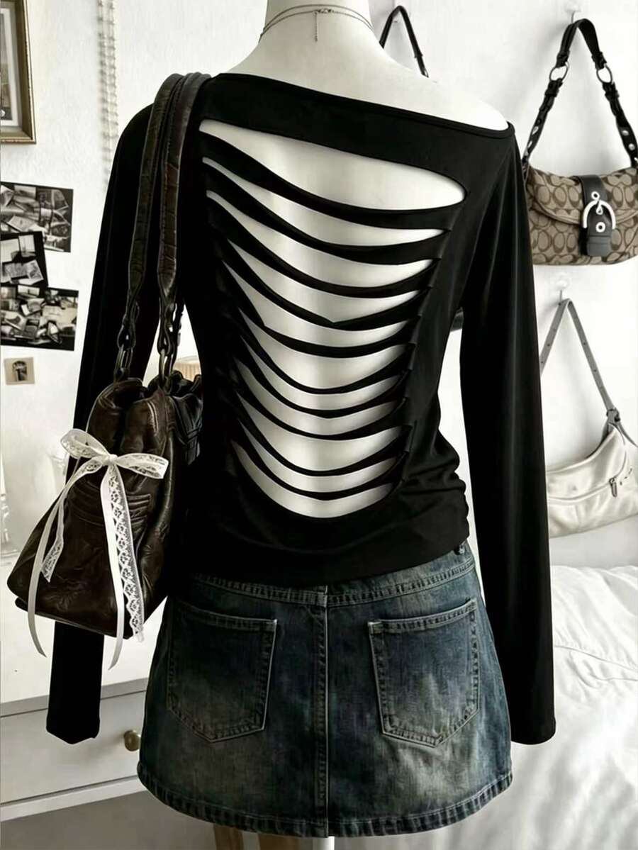 Lalippa Fashion Sexy Solid Color Asymmetric Neckline Backless Top - Black - View 1