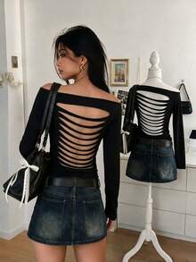 Lalippa Fashion Sexy Solid Color Asymmetric Neckline Backless Top - Black - View 4