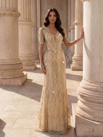 Coutiva Gold Elegant Sequined Embroidered Deep V-Neck 2 In 1 Dress Features A Mermaid-Style Skirt And Is Suitable For Formal Evening Wear, Outfit