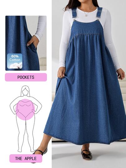 Solflare Plus Size Women's Pleated Casual 90s Nice Simple Normal Daily Wear Denim Overall Dress Dates Date Night Formal Club Fashion Week Navy Blue Autumn