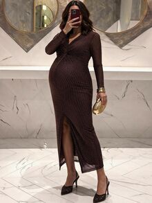MaterniChic Maternity Rhinestone V-Neck Twist Design Long Sleeve Slim Fit Elegant Dress - Coffee - View 1