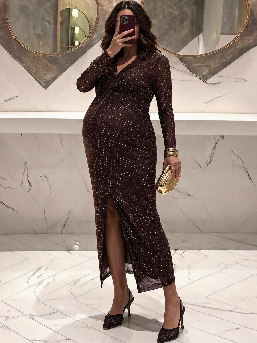 MaterniChic Maternity Rhinestone V-Neck Twist Design Long Sleeve Slim Fit Elegant Dress - Coffee - View 1