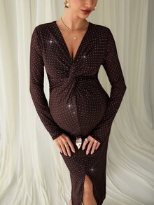 MaterniChic Maternity Rhinestone V-Neck Twist Design Long Sleeve Slim Fit Elegant Dress - Coffee - View 2