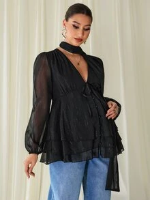 MaterniChic Kemeja Hamil Berkilau Hitam Elegan untuk Musim Gugur, Atasan Peplum yang Modis - Hitam - View 6