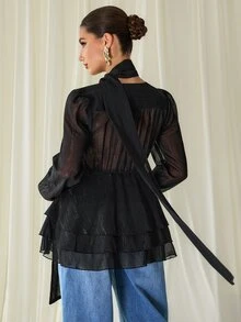 MaterniChic Kemeja Hamil Berkilau Hitam Elegan untuk Musim Gugur, Atasan Peplum yang Modis - Hitam - View 5