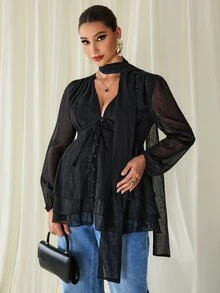 MaterniChic Kemeja Hamil Berkilau Hitam Elegan untuk Musim Gugur, Atasan Peplum yang Modis - Hitam - View 1