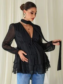 MaterniChic Kemeja Hamil Berkilau Hitam Elegan untuk Musim Gugur, Atasan Peplum yang Modis - Hitam - View 7
