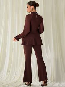 MaterniChic Maternity Elegant Commute Solid Color Stand Collar Blouse & Flare Pants 2pcs Set - Brown - View 5