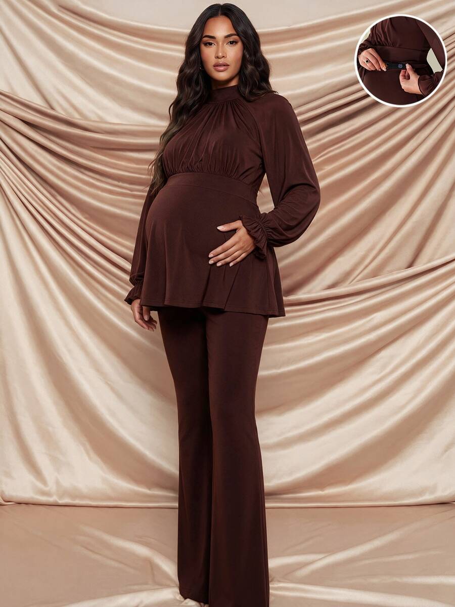 MaterniChic Maternity Elegant Commute Solid Color Stand Collar Blouse & Flare Pants 2pcs Set - Brown - View 1