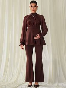 MaterniChic Maternity Elegant Commute Solid Color Stand Collar Blouse & Flare Pants 2pcs Set - Brown - View 6