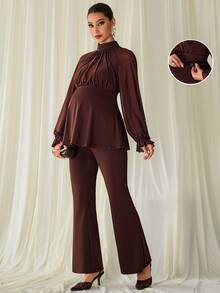 MaterniChic Maternity Elegant Commute Solid Color Stand Collar Blouse & Flare Pants 2pcs Set - Brown - View 4