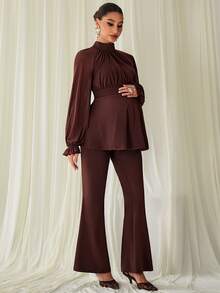 MaterniChic Maternity Elegant Commute Solid Color Stand Collar Blouse & Flare Pants 2pcs Set - Brown - View 7