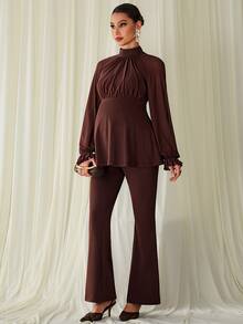 MaterniChic Maternity Elegant Commute Solid Color Stand Collar Blouse & Flare Pants 2pcs Set - Brown - View 8