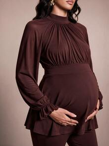 MaterniChic Maternity Elegant Commute Solid Color Stand Collar Blouse & Flare Pants 2pcs Set - Brown - View 3