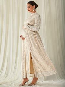 MaterniChic Maternity Sequin Split Design Casual Party & Travel Dress - Apricot - View 6