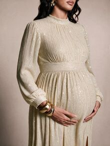 MaterniChic Maternity Sequin Split Design Casual Party & Travel Dress - Apricot - View 3