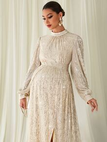 MaterniChic Maternity Sequin Split Design Casual Party & Travel Dress - Apricot - View 9