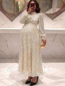 MaterniChic Maternity Sequin Split Design Casual Party & Travel Dress - Apricot - View 2