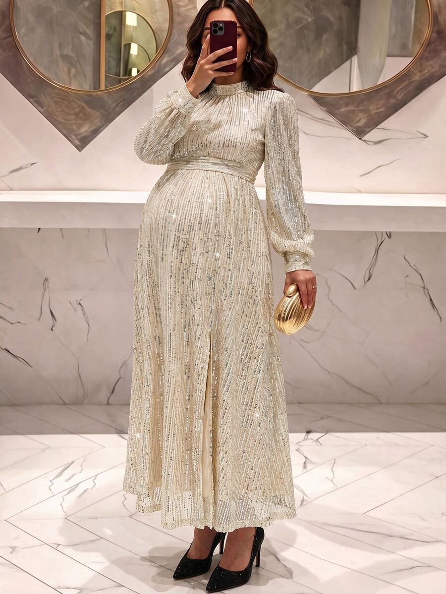 MaterniChic Maternity Sequin Split Design Casual Party & Travel Dress - Apricot - View 1