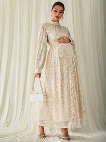 MaterniChic Maternity Sequin Split Design Casual Party & Travel Dress - Apricot - View 7
