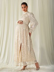 MaterniChic Maternity Sequin Split Design Casual Party & Travel Dress - Apricot - View 5
