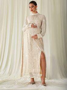 MaterniChic Maternity Sequin Split Design Casual Party & Travel Dress - Apricot - View 1