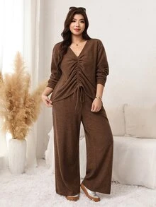 SHEIN LUNE Plus Size Women Solid Color V-Neck Pleated Top And Pants Casual Daily 2 Pieces Set Fall - Coffee Brown - View 7