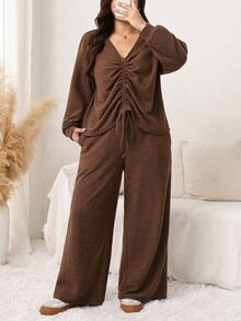 SHEIN LUNE Plus Size Women Solid Color V-Neck Pleated Top And Pants Casual Daily 2 Pieces Set Fall - Coffee Brown - View 5