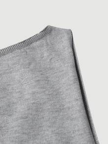 SHEIN MOD Women's Grey Asymmetrical Shoulder Asymmetric Neckline Waist-Cinching Slit Two Pieces Knit Shorts Set - Grey - View 3