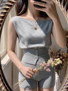 SHEIN MOD Women's Grey Asymmetrical Shoulder Asymmetric Neckline Waist-Cinching Slit Two Pieces Knit Shorts Set - Grey - View 10