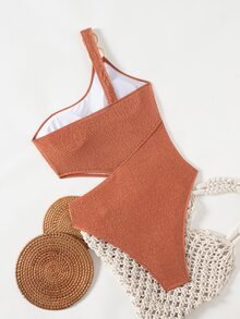 Swim Chiccia One Piece Ladies Summer Beach Caramel Brown One-Shoulder Bodysuit Single-Side Metal Ring Cutout Ribbed Vacation Swimsuit - Brown - View 6