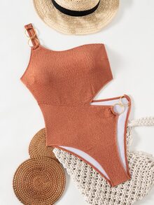 Swim Chiccia One Piece Ladies Summer Beach Caramel Brown One-Shoulder Bodysuit Single-Side Metal Ring Cutout Ribbed Vacation Swimsuit - Brown - View 7