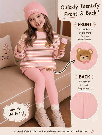 Sweet Cinnamon Pink Striped, Cute Mini Fairy Tale Town Bow Bear Print, Girls Casual Soft Comfortable Loose Crew Neck Pullover Sweatshirt And Brushed Leggings 2 Pieces Set, Suitable For Autumn/Winter Daily, Sports, Outings, School, Holiday Parties, Pink Christmas, COZY, CHILL