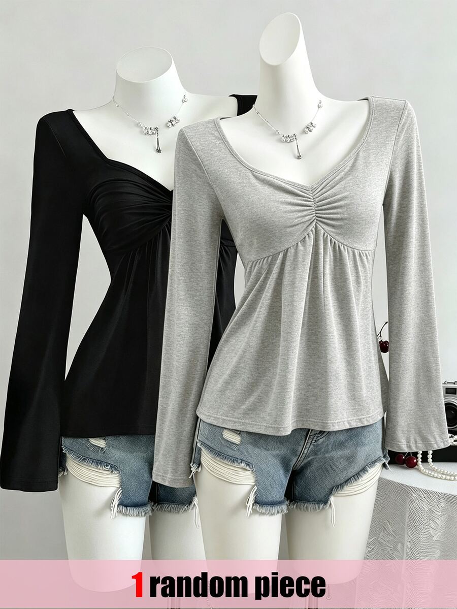 SHEIN Sparklyn Teen Girl Fall Ruched Bust T-Shirt With Heart-Shaped Neckline, Delicate Collarbone Accent, Holiday - Light Grey - View 1