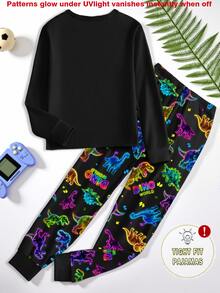 大童男孩秋季新款 UV 手電筒感光恐龍圖案針織圓領上衣與滿版恐龍印花長褲修身居家服 2 件套 1 套 - 彩色 - 查看 3