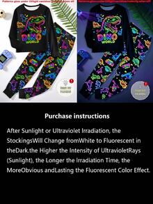 大童男孩秋季新款 UV 手電筒感光恐龍圖案針織圓領上衣與滿版恐龍印花長褲修身居家服 2 件套 1 套 - 彩色 - 查看 4