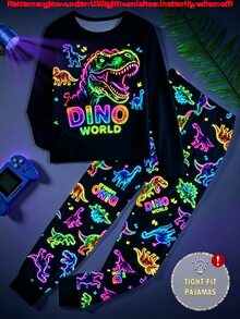 大童男孩秋季新款 UV 手電筒感光恐龍圖案針織圓領上衣與滿版恐龍印花長褲修身居家服 2 件套 1 套 - 彩色 - 查看 6