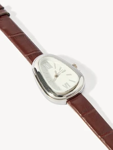 Opalesca 1pc Women's PU Leather Strap Watch, Round Dial With Numeric Display, Retro British Style, Niche Luxury Quartz Watch - Brown - View 4