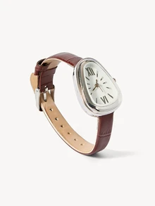 Opalesca 1pc Women's PU Leather Strap Watch, Round Dial With Numeric Display, Retro British Style, Niche Luxury Quartz Watch - Brown - View 2