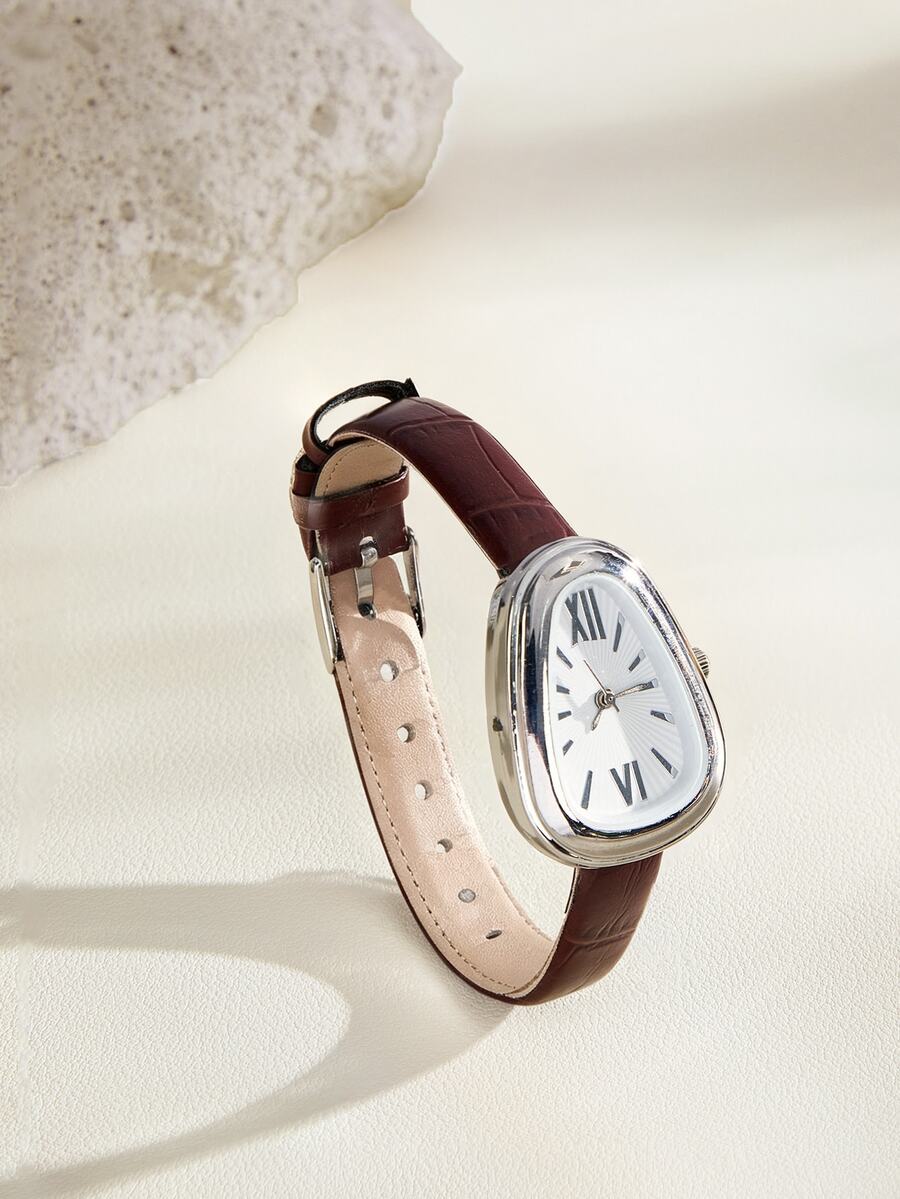 Opalesca 1pc Women's PU Leather Strap Watch, Round Dial With Numeric Display, Retro British Style, Niche Luxury Quartz Watch - Brown - View 1
