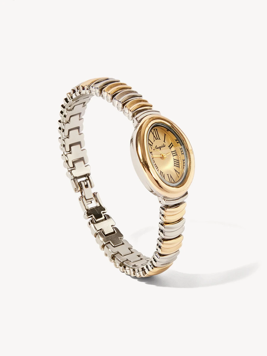 Opalesca 1pc Women's Fashionable Elegant Gold Oval Quartz Watch, Suitable For Daily Wear, Also A Great Gift For Birthday - Silver and Gold - View 1