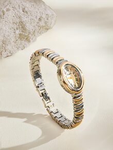 Opalesca 1pc Women's Fashionable Elegant Gold Oval Quartz Watch, Suitable For Daily Wear, Also A Great Gift For Birthday - Silver and Gold - View 2