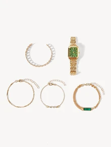 Opalesca 5قطع/مجموعة ساعات معصم نسائية كوارتز بقرص مربع وسوار من الصلب + سوار، تصميم كلاسيكي، غير مرفق بعلبة ساعة - الذهبي - مشاهدة 1