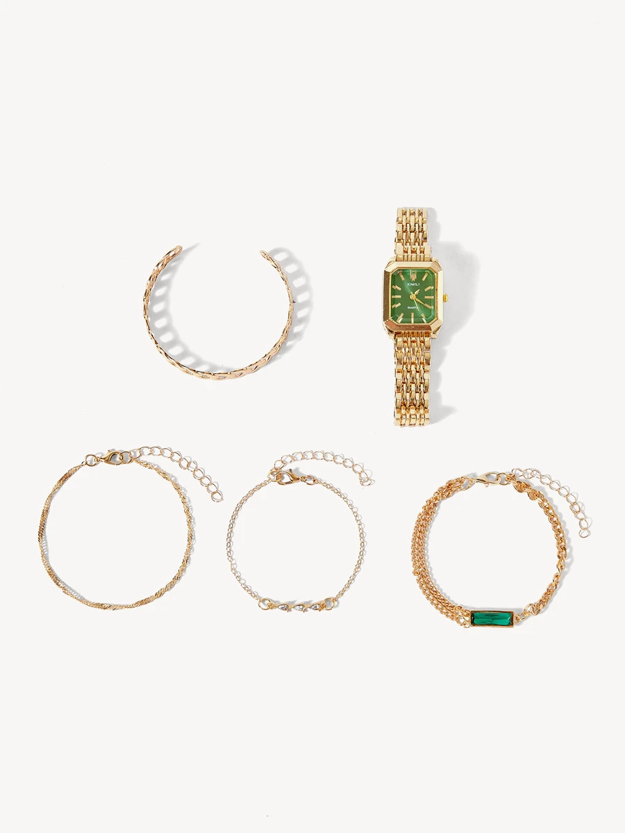 Opalesca 5قطع/مجموعة ساعات معصم نسائية كوارتز بقرص مربع وسوار من الصلب + سوار، تصميم كلاسيكي، غير مرفق بعلبة ساعة - الذهبي - مشاهدة 1
