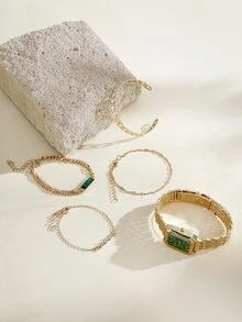 Opalesca 5قطع/مجموعة ساعات معصم نسائية كوارتز بقرص مربع وسوار من الصلب + سوار، تصميم كلاسيكي، غير مرفق بعلبة ساعة - الذهبي - مشاهدة 2