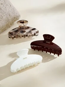 Opalesca 3pcs/1pc Women 9.2cm/3.62in White Brown Tortoise Shell Leopard Print Oval Lightweight Plastic Hair Clip Fashion - Multicolor - View 1