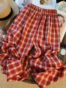 Grovea Plus Size Spring/Summer Vintage Red Plaid Casual Vacation Versatile Wide Leg Straight Pants Fall - Red - View 2