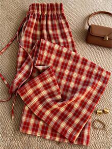 Grovea Plus Size Spring/Summer Vintage Red Plaid Casual Vacation Versatile Wide Leg Straight Pants Fall - Red - View 3